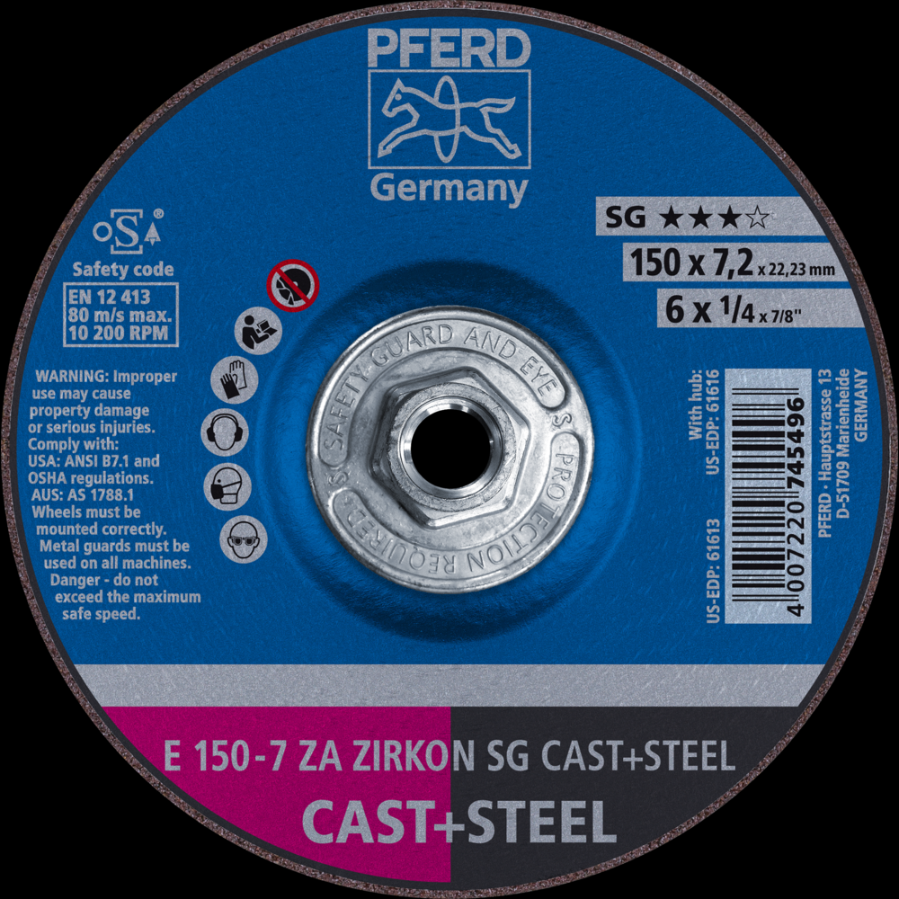 PFERD Grinding Wheel, 6&#34; x 1/4 x 5/8-11, ZIRCON SG CAST+STEEL, T27, ZA, AO<span class=' ItemWarning' style='display:block;'>Item is usually in stock, but we&#39;ll be in touch if there&#39;s a problem<br /></span>