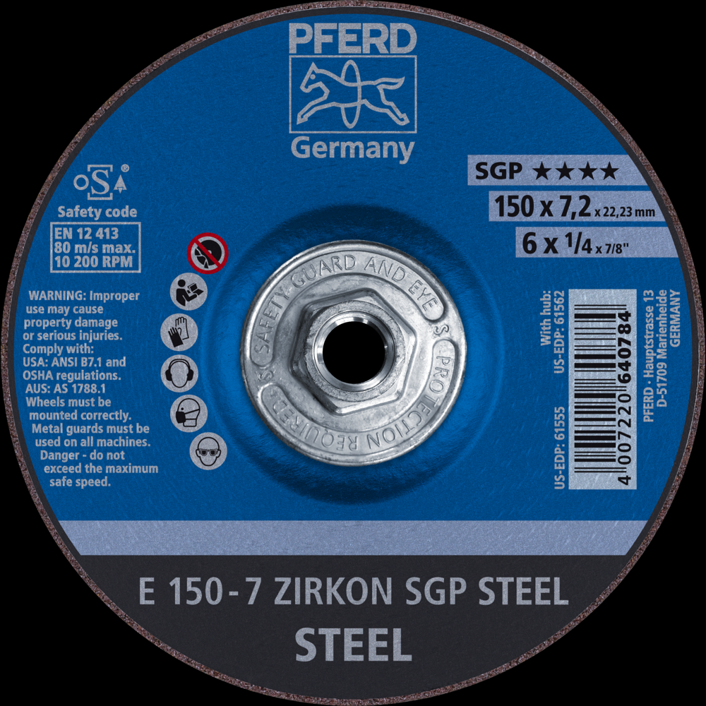 PFERD Grinding Wheel, 6&#34; x 1/4 x 5/8-11, SGP ZIRKON STEEL, T27, AO, SiC<span class=' ItemWarning' style='display:block;'>Item is usually in stock, but we&#39;ll be in touch if there&#39;s a problem<br /></span>