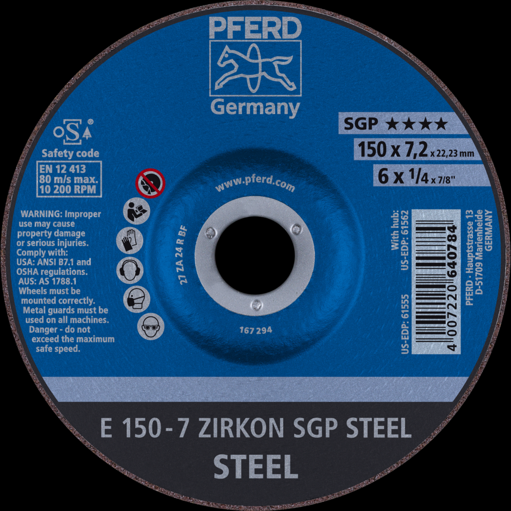 PFERD Grinding Wheel, 6&#34; x 1/4 x 7/8, SGP ZIRKON STEEL, T27, AO, SiC<span class=' ItemWarning' style='display:block;'>Item is usually in stock, but we&#39;ll be in touch if there&#39;s a problem<br /></span>