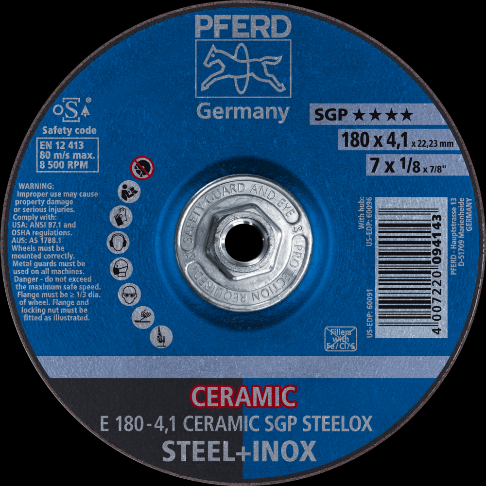 PFERD Grinding Wheel, 7&#34; x 1/8 x 5/8-11, CERAMIC SGP STEELOX, T27<span class=' ItemWarning' style='display:block;'>Item is usually in stock, but we&#39;ll be in touch if there&#39;s a problem<br /></span>