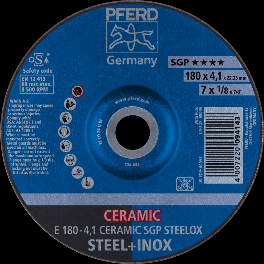 PFERD Grinding Wheel, 7&#34; x 1/8 x 7/8, CERAMIC SGP STEELOX, T27<span class=' ItemWarning' style='display:block;'>Item is usually in stock, but we&#39;ll be in touch if there&#39;s a problem<br /></span>