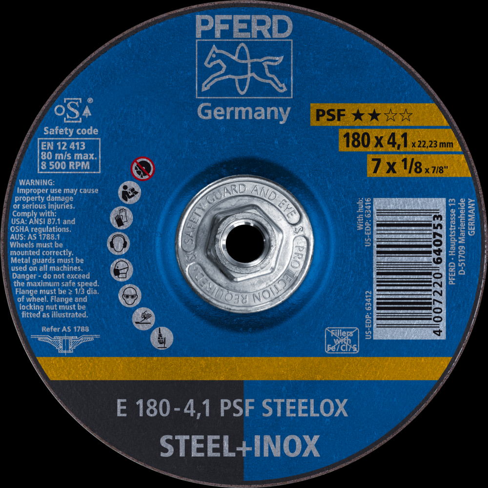 PFERD Grinding Wheel, 7&#34; x 1/8 x 5/8-11, PSF STEELOX, T27, Aluminum oxide<span class=' ItemWarning' style='display:block;'>Item is usually in stock, but we&#39;ll be in touch if there&#39;s a problem<br /></span>