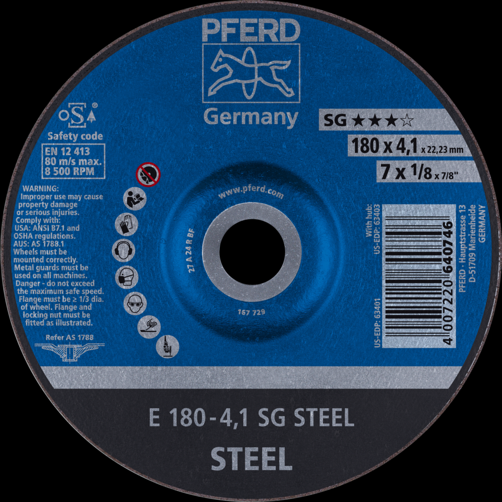 PFERD Grinding Wheel, 7&#34; x 1/8 x 7/8, SG STEEL, T27, Aluminum oxide<span class=' ItemWarning' style='display:block;'>Item is usually in stock, but we&#39;ll be in touch if there&#39;s a problem<br /></span>