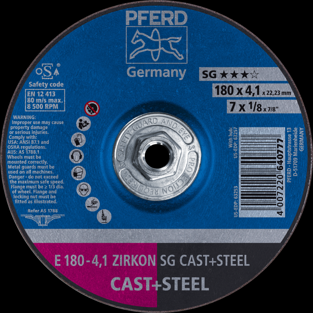 PFERD Grinding Wheel, 7&#34; x 1/8 x 5/8-11, ZIRKON SG CAST+STEEL, T27, ZA, AO<span class=' ItemWarning' style='display:block;'>Item is usually in stock, but we&#39;ll be in touch if there&#39;s a problem<br /></span>