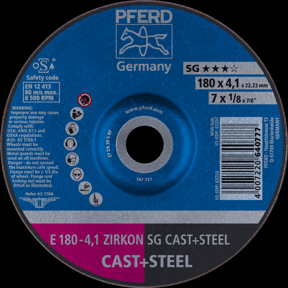 PFERD Grinding Wheel, 7&#34; x 1/8 x 7/8, ZIRKON SG CAST+STEEL, T27, ZA, AO<span class=' ItemWarning' style='display:block;'>Item is usually in stock, but we&#39;ll be in touch if there&#39;s a problem<br /></span>