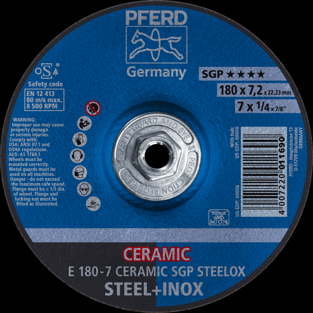 PFERD Grinding Wheel, 7&#34; x 1/4 x 5/8-11, CERAMIC SGP STEELOX, T27<span class=' ItemWarning' style='display:block;'>Item is usually in stock, but we&#39;ll be in touch if there&#39;s a problem<br /></span>