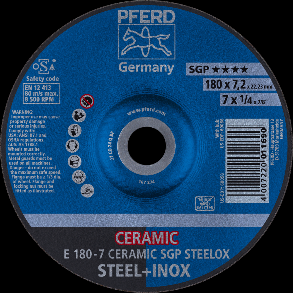 PFERD Grinding Wheel, 7&#34; x 1/4 x 7/8, CERAMIC SGP STEELOX, T27<span class=' ItemWarning' style='display:block;'>Item is usually in stock, but we&#39;ll be in touch if there&#39;s a problem<br /></span>