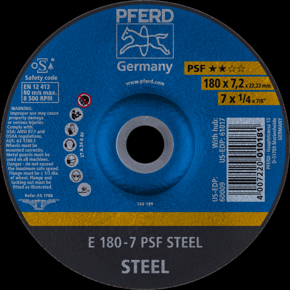 PFERD Grinding Wheel, 7&#34; x 1/4 x 7/8, PSF STEEL, T27, Aluminum oxide<span class=' ItemWarning' style='display:block;'>Item is usually in stock, but we&#39;ll be in touch if there&#39;s a problem<br /></span>