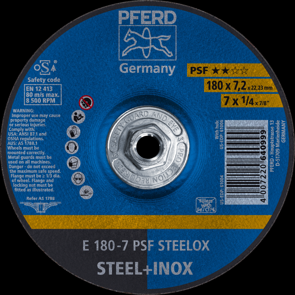 PFERD Grinding Wheel, 7&#34; x 1/4 x 5/8-11, PSF STEELOX, T27, Aluminum oxide<span class=' ItemWarning' style='display:block;'>Item is usually in stock, but we&#39;ll be in touch if there&#39;s a problem<br /></span>