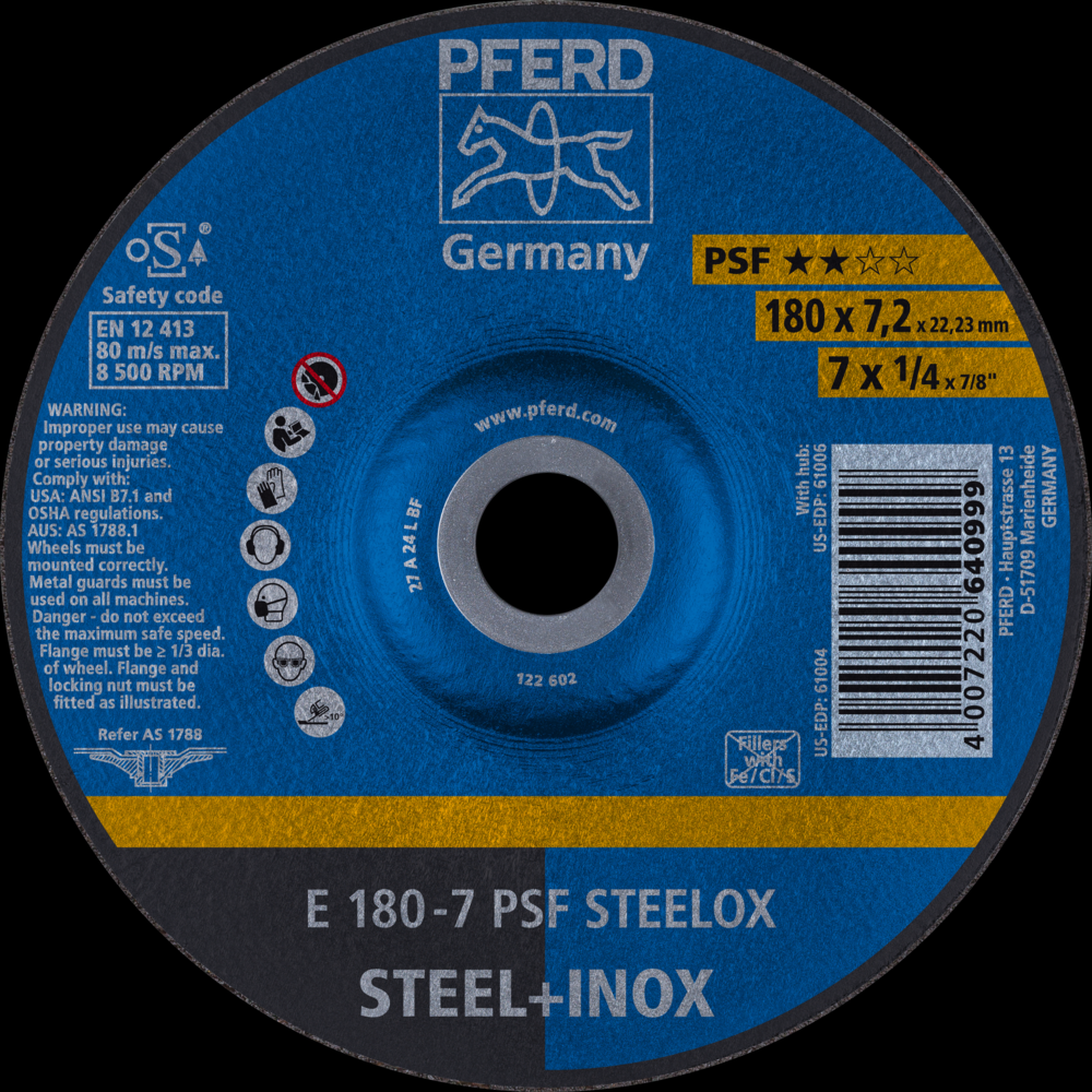 PFERD Grinding Wheel, 7&#34; x 1/4 x 7/8, PSF STEELOX, T27, Aluminum oxide<span class=' ItemWarning' style='display:block;'>Item is usually in stock, but we&#39;ll be in touch if there&#39;s a problem<br /></span>