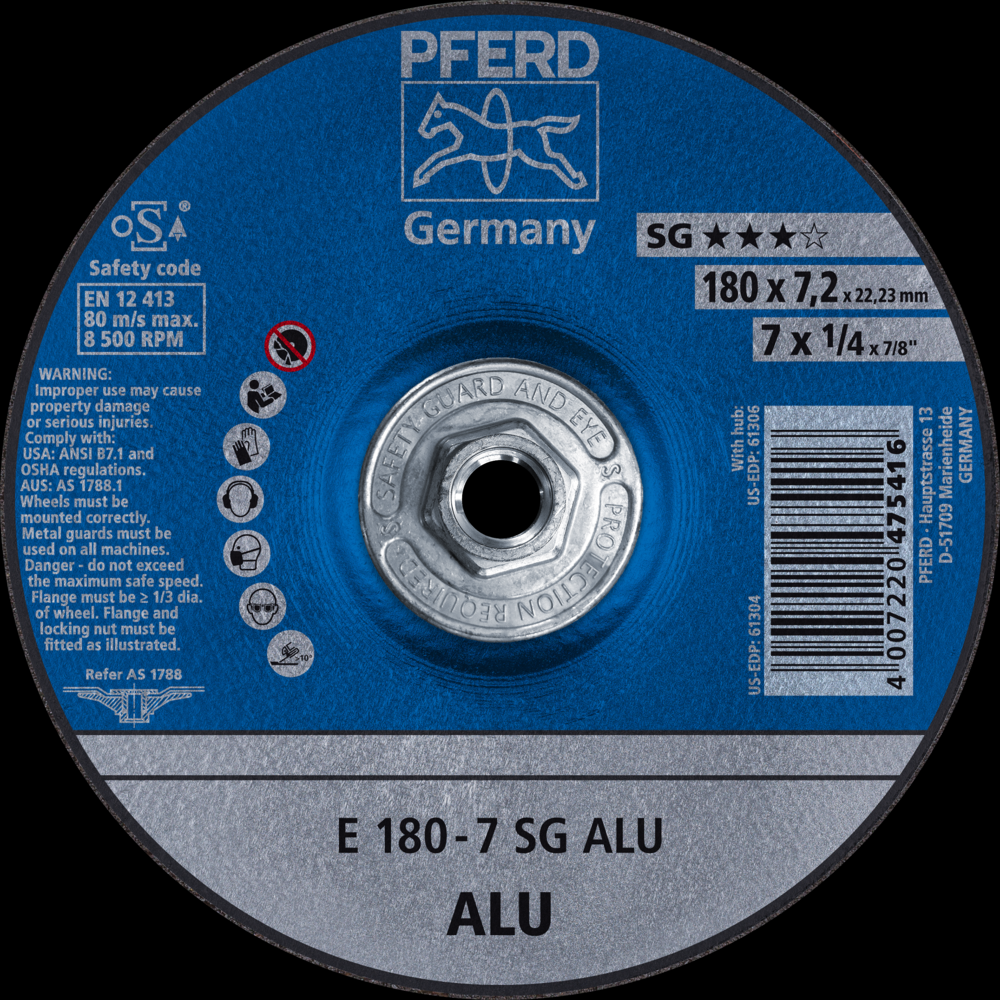 PFERD Grinding Wheel, 7&#34; x 1/4 x 5/8-11, SG ALU, T27, Aluminum oxide, Silicon carbide<span class=' ItemWarning' style='display:block;'>Item is usually in stock, but we&#39;ll be in touch if there&#39;s a problem<br /></span>