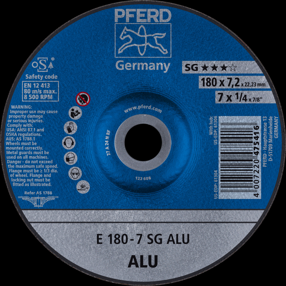 PFERD Grinding Wheel, 7&#34; x 1/4 x 7/8, SG ALU, T27, Aluminum oxide, Silicon carbide<span class=' ItemWarning' style='display:block;'>Item is usually in stock, but we&#39;ll be in touch if there&#39;s a problem<br /></span>