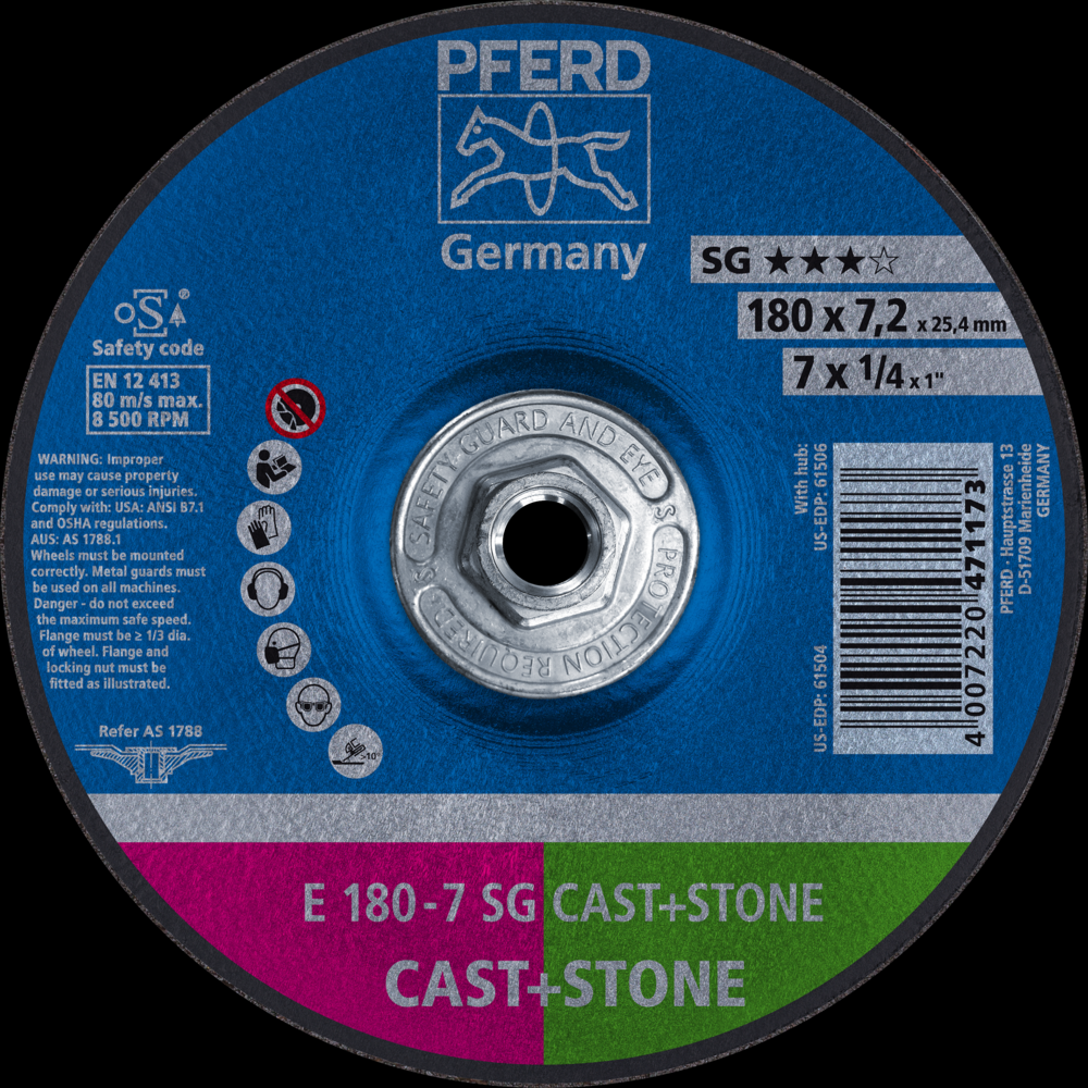 PFERD Grinding Wheel, 7&#34; x 1/4 x 5/8-11, SG CAST+STONE, T27, AO, SiC<span class=' ItemWarning' style='display:block;'>Item is usually in stock, but we&#39;ll be in touch if there&#39;s a problem<br /></span>