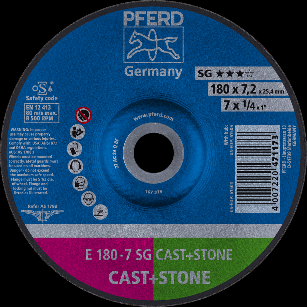 PFERD Grinding Wheel, 7&#34; x 1/4 x 7/8, SG CAST+STONE, T27, AO, SiC<span class=' ItemWarning' style='display:block;'>Item is usually in stock, but we&#39;ll be in touch if there&#39;s a problem<br /></span>