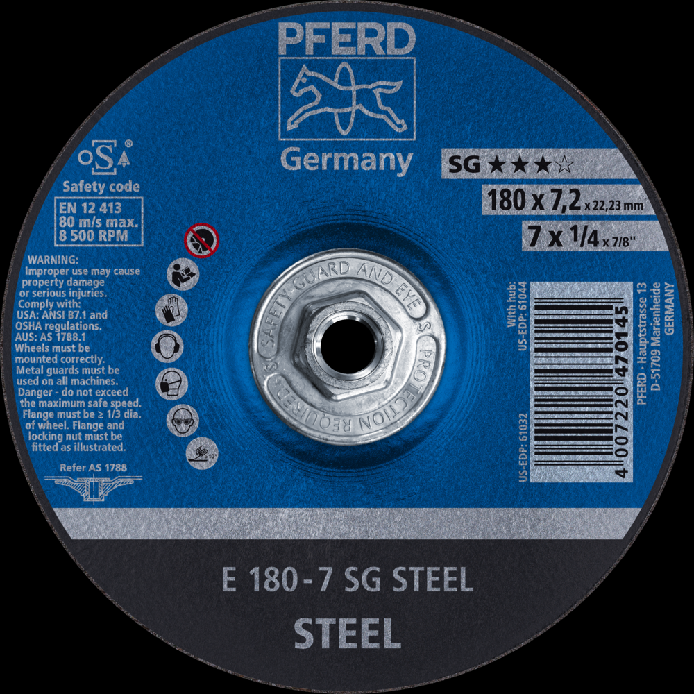 PFERD Grinding Wheel, 7&#34; x 1/4 x 5/8-11, SG STEEL, T27, Aluminum oxide<span class=' ItemWarning' style='display:block;'>Item is usually in stock, but we&#39;ll be in touch if there&#39;s a problem<br /></span>