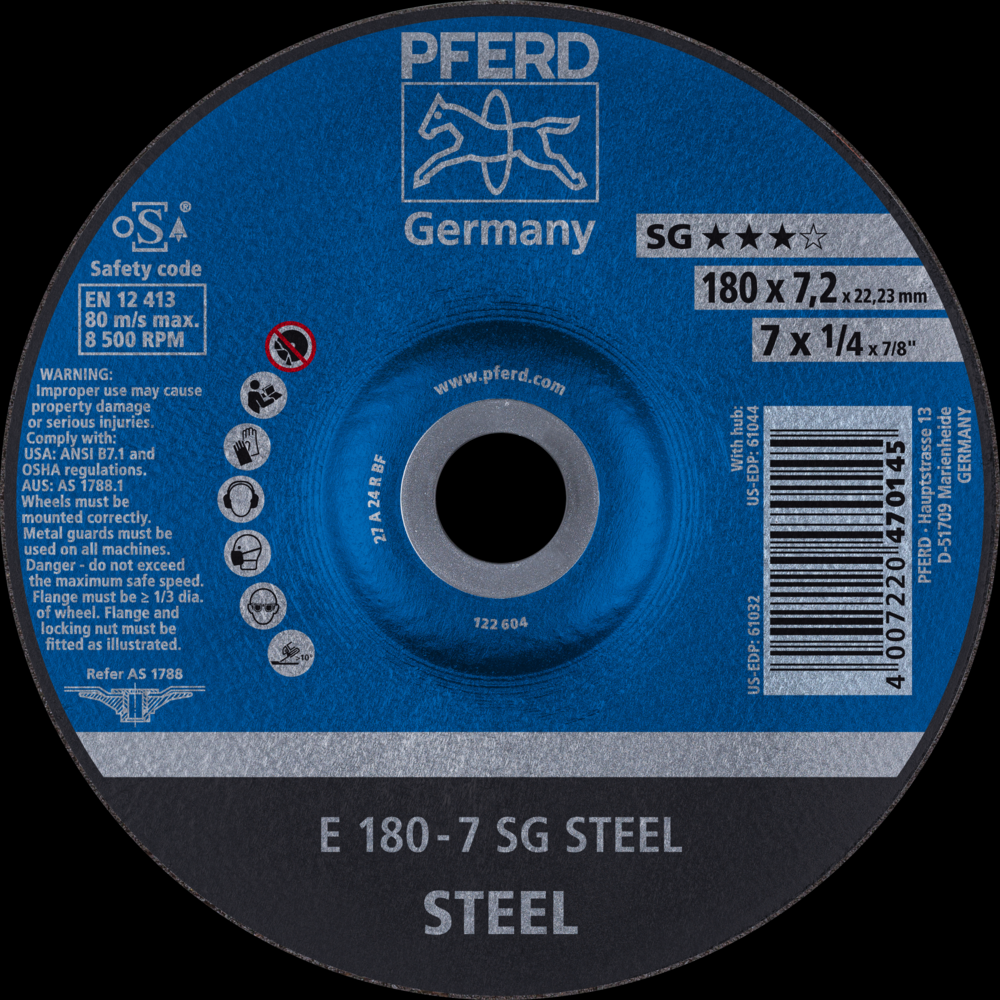 PFERD Grinding Wheel, 7&#34; x 1/4 x 7/8, SG STEEL, T27, Aluminum oxide<span class=' ItemWarning' style='display:block;'>Item is usually in stock, but we&#39;ll be in touch if there&#39;s a problem<br /></span>