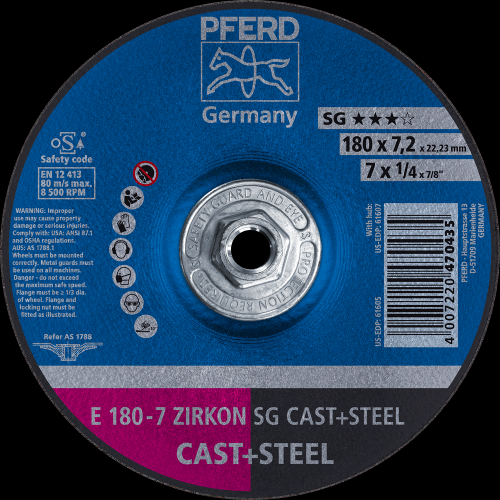 PFERD Grinding Wheel, 7&#34; x 1/4 x 5/8-11, ZIRCON SG CAST+STEEL, T27, ZA, AO<span class=' ItemWarning' style='display:block;'>Item is usually in stock, but we&#39;ll be in touch if there&#39;s a problem<br /></span>