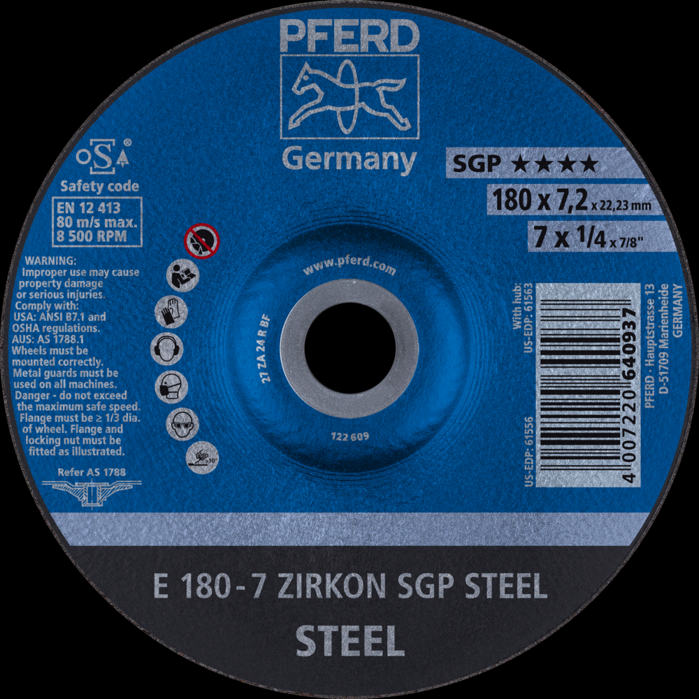 PFERD Grinding Wheel, 7&#34; x 1/4 x 7/8, SGP ZIRKON STEEL, T27, AO, SiC<span class=' ItemWarning' style='display:block;'>Item is usually in stock, but we&#39;ll be in touch if there&#39;s a problem<br /></span>