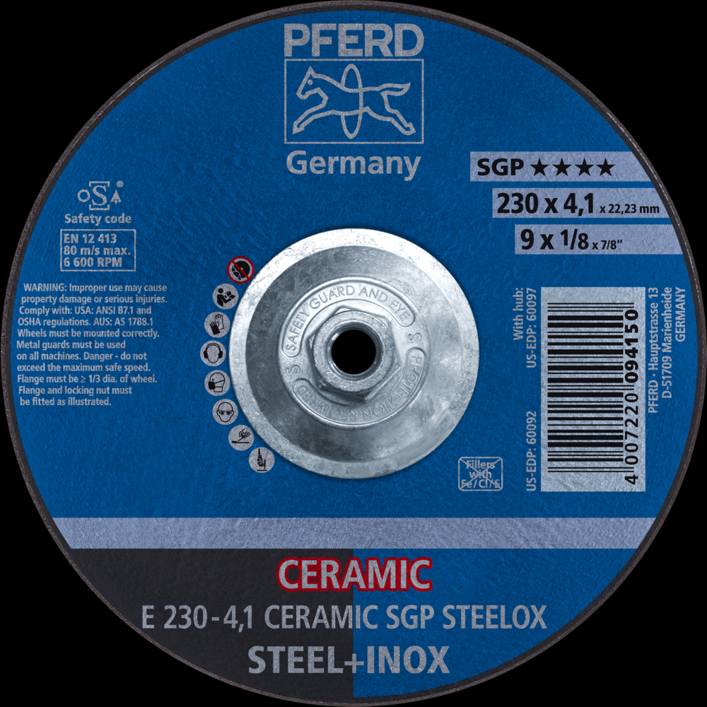 PFERD Grinding Wheel, 9&#34; x 1/8 x 5/8-11, CERAMIC SGP STEELOX, T27<span class=' ItemWarning' style='display:block;'>Item is usually in stock, but we&#39;ll be in touch if there&#39;s a problem<br /></span>