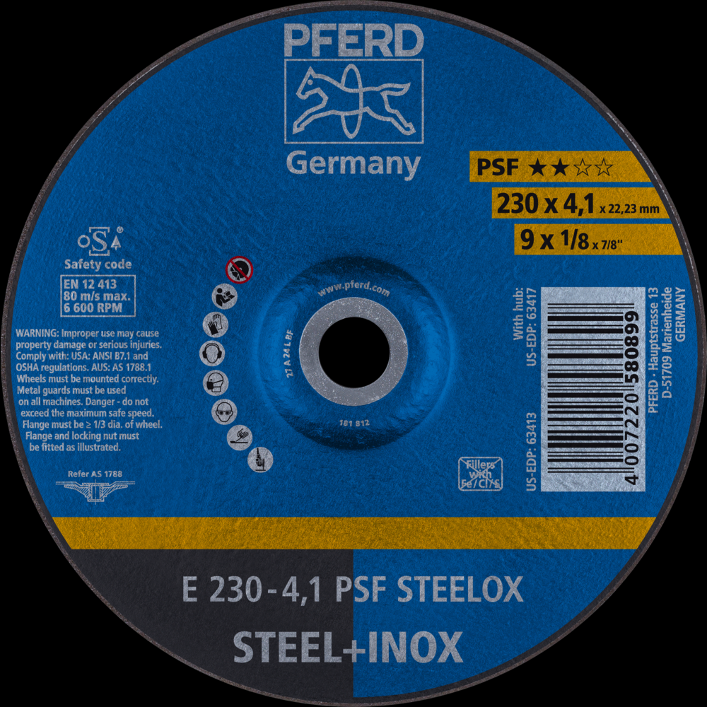 PFERD Grinding Wheel, 9&#34; x 1/8 x 7/8, PSF STEELOX, T27, Aluminum oxide<span class=' ItemWarning' style='display:block;'>Item is usually in stock, but we&#39;ll be in touch if there&#39;s a problem<br /></span>