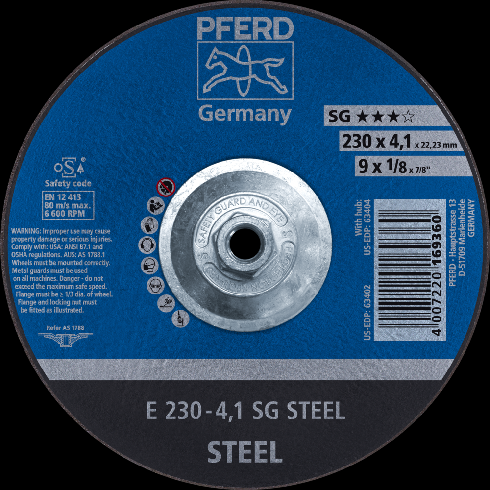 PFERD Grinding Wheel, 9&#34; x 1/8 x 5/8-11, SG STEEL, T27, Aluminum oxide<span class=' ItemWarning' style='display:block;'>Item is usually in stock, but we&#39;ll be in touch if there&#39;s a problem<br /></span>