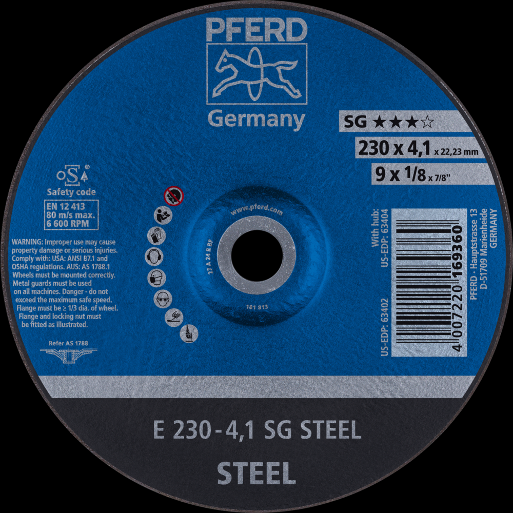 PFERD Grinding Wheel, 9&#34; x 1/8 x 7/8, SG STEEL, T27, Aluminum oxide<span class=' ItemWarning' style='display:block;'>Item is usually in stock, but we&#39;ll be in touch if there&#39;s a problem<br /></span>