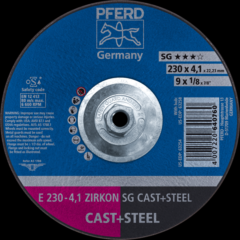 PFERD Grinding Wheel, 9&#34; x 1/8 x 5/8-11, ZIRKON SG CAST+STEEL, T27, ZA, AO<span class=' ItemWarning' style='display:block;'>Item is usually in stock, but we&#39;ll be in touch if there&#39;s a problem<br /></span>