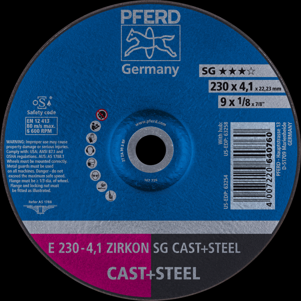 PFERD Grinding Wheel, 9&#34; x 1/8 x 7/8, ZIRKON SG CAST+STEEL, T27, ZA, AO<span class=' ItemWarning' style='display:block;'>Item is usually in stock, but we&#39;ll be in touch if there&#39;s a problem<br /></span>