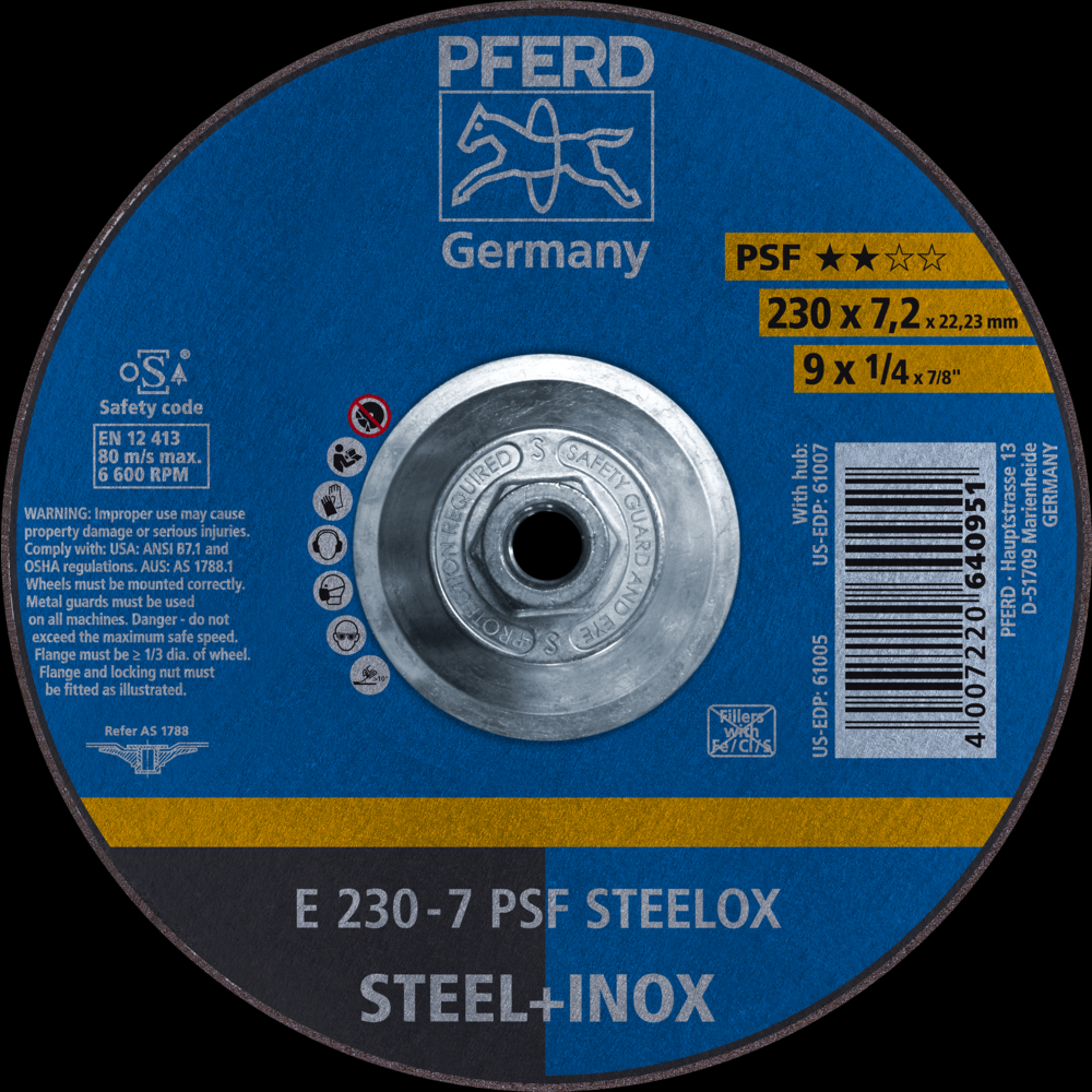 PFERD Grinding Wheel, 9&#34; x 1/4 x 5/8-11, PSF STEELOX, T27, Aluminum oxide<span class=' ItemWarning' style='display:block;'>Item is usually in stock, but we&#39;ll be in touch if there&#39;s a problem<br /></span>