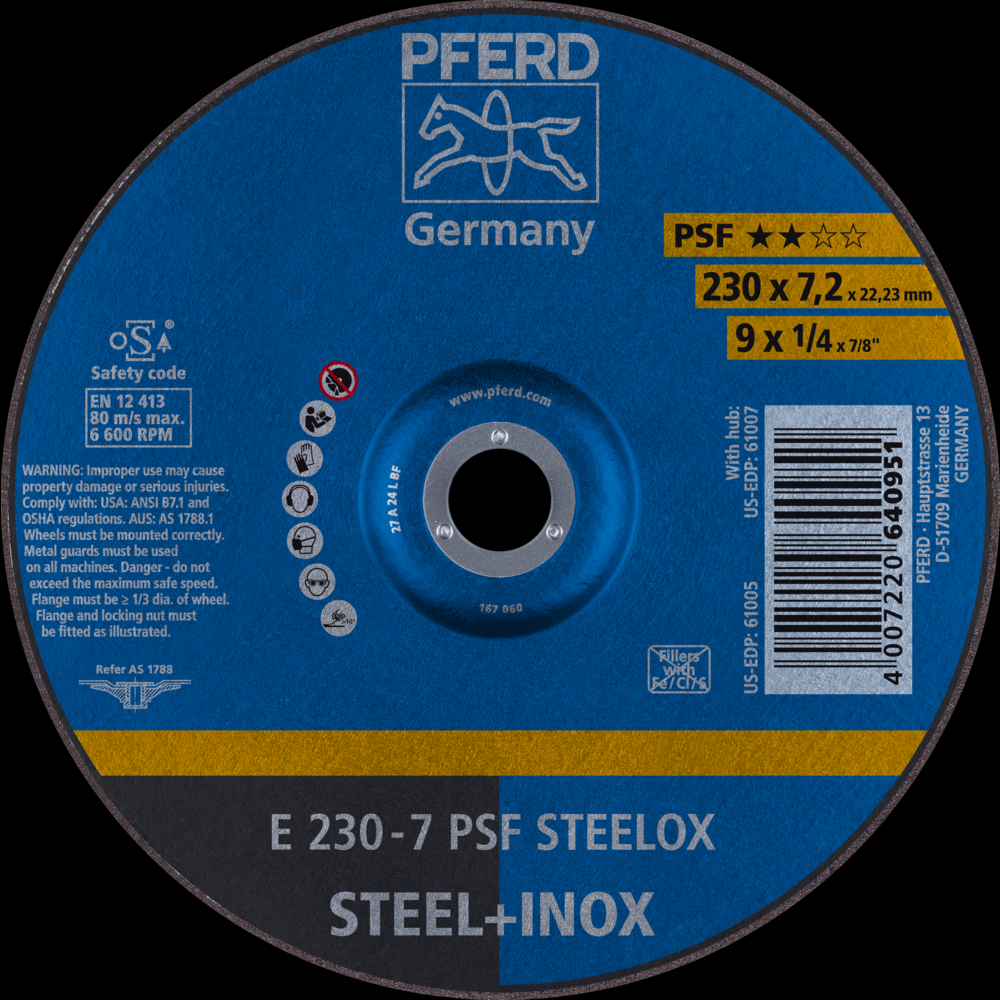 PFERD Grinding Wheel, 9&#34; x 1/4 x 7/8, PSF STEELOX, T27, Aluminum oxide<span class=' ItemWarning' style='display:block;'>Item is usually in stock, but we&#39;ll be in touch if there&#39;s a problem<br /></span>