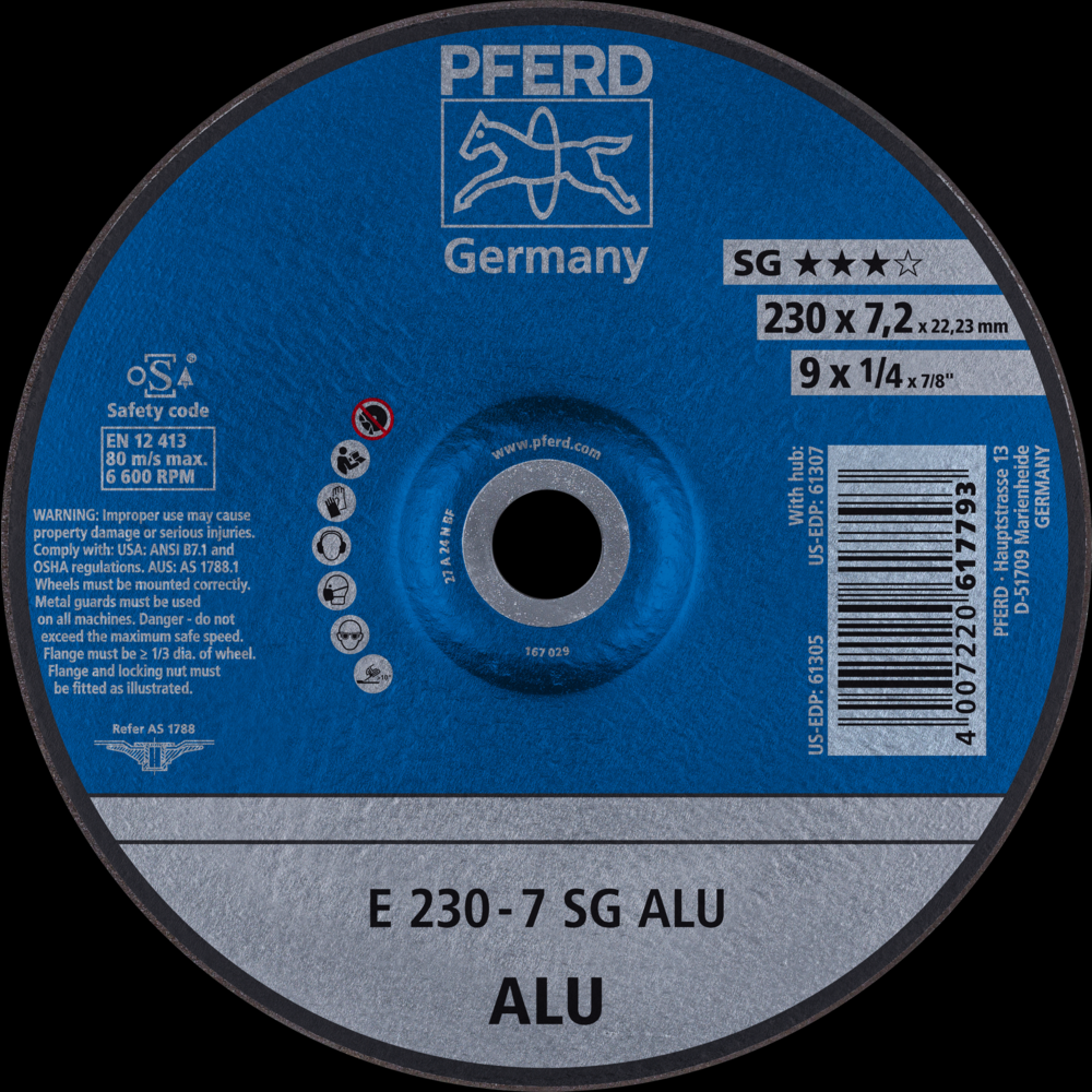 PFERD Grinding Wheel, 9&#34; x 1/4 x 7/8, SG ALU, T27, Aluminum oxide, Silicon carbide<span class=' ItemWarning' style='display:block;'>Item is usually in stock, but we&#39;ll be in touch if there&#39;s a problem<br /></span>