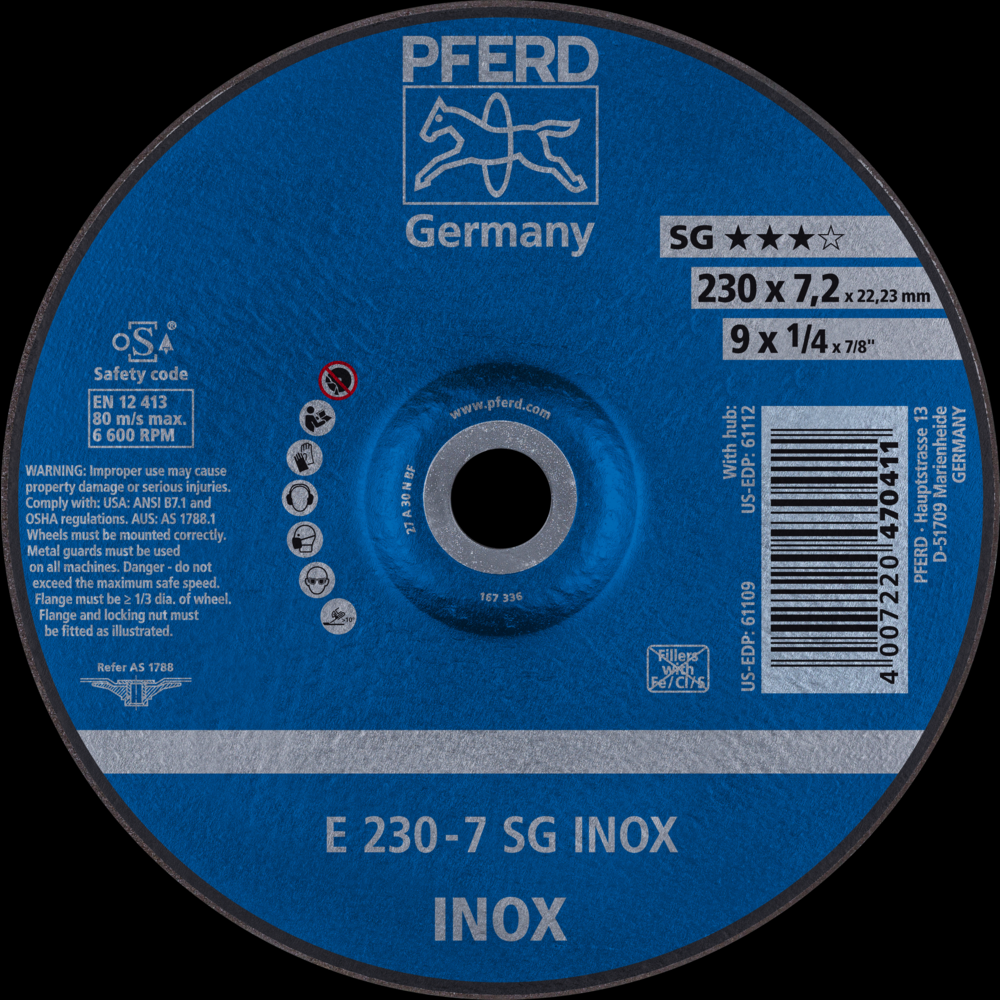 PFERD Grinding Wheel, 9&#34; x 1/4 x 7/8, SG INOX, T27, Aluminum oxide<span class=' ItemWarning' style='display:block;'>Item is usually in stock, but we&#39;ll be in touch if there&#39;s a problem<br /></span>