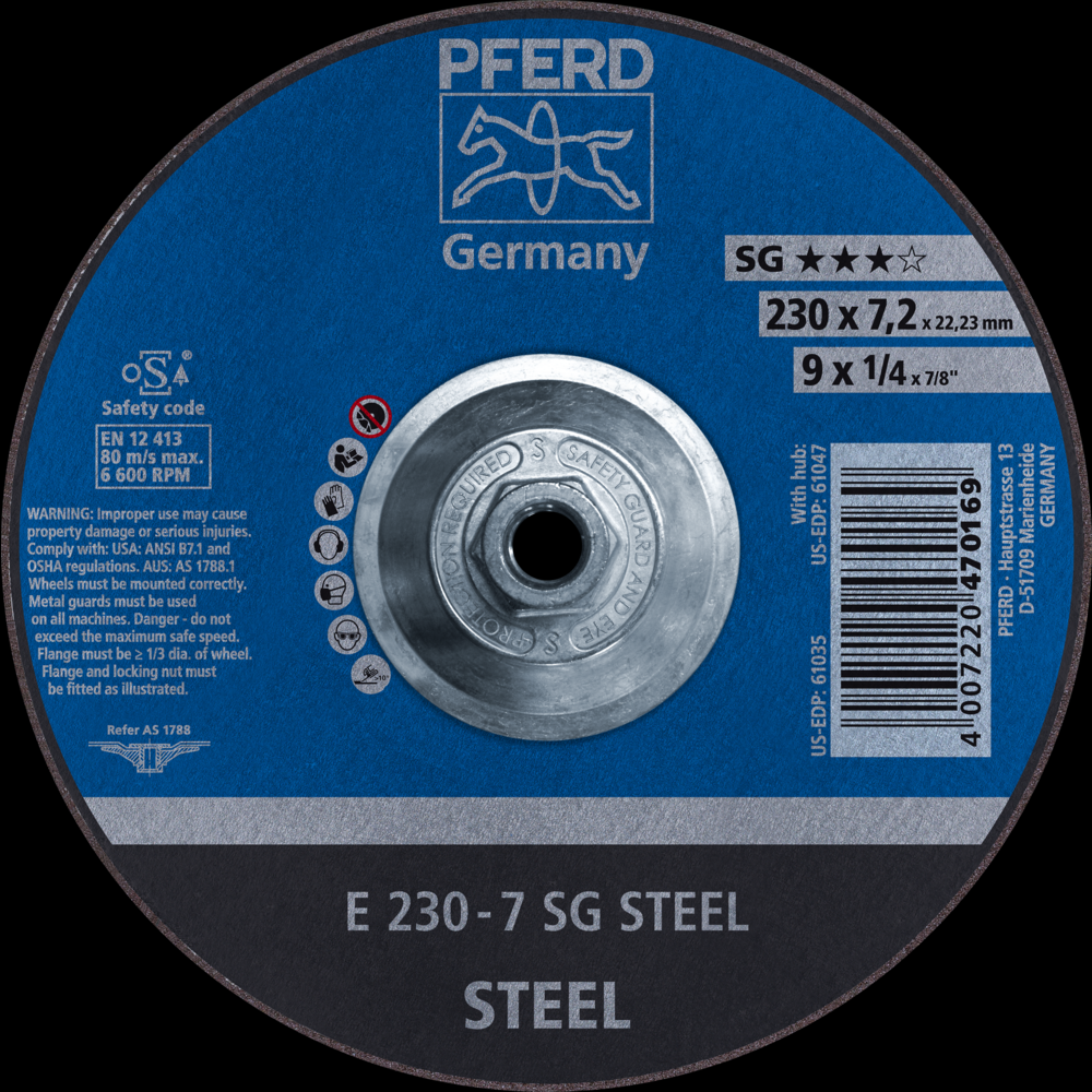 PFERD Grinding Wheel, 9&#34; x 1/4 x 5/8-11, SG STEEL, T27, Aluminum oxide<span class=' ItemWarning' style='display:block;'>Item is usually in stock, but we&#39;ll be in touch if there&#39;s a problem<br /></span>