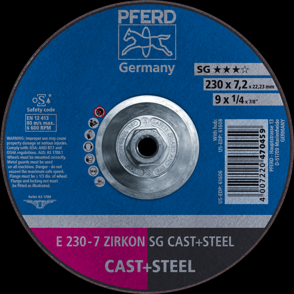 PFERD Grinding Wheel, 9&#34; x 1/4 x 5/8-11, ZIRCON SG CAST+STEEL, T27, ZA, AO<span class=' ItemWarning' style='display:block;'>Item is usually in stock, but we&#39;ll be in touch if there&#39;s a problem<br /></span>