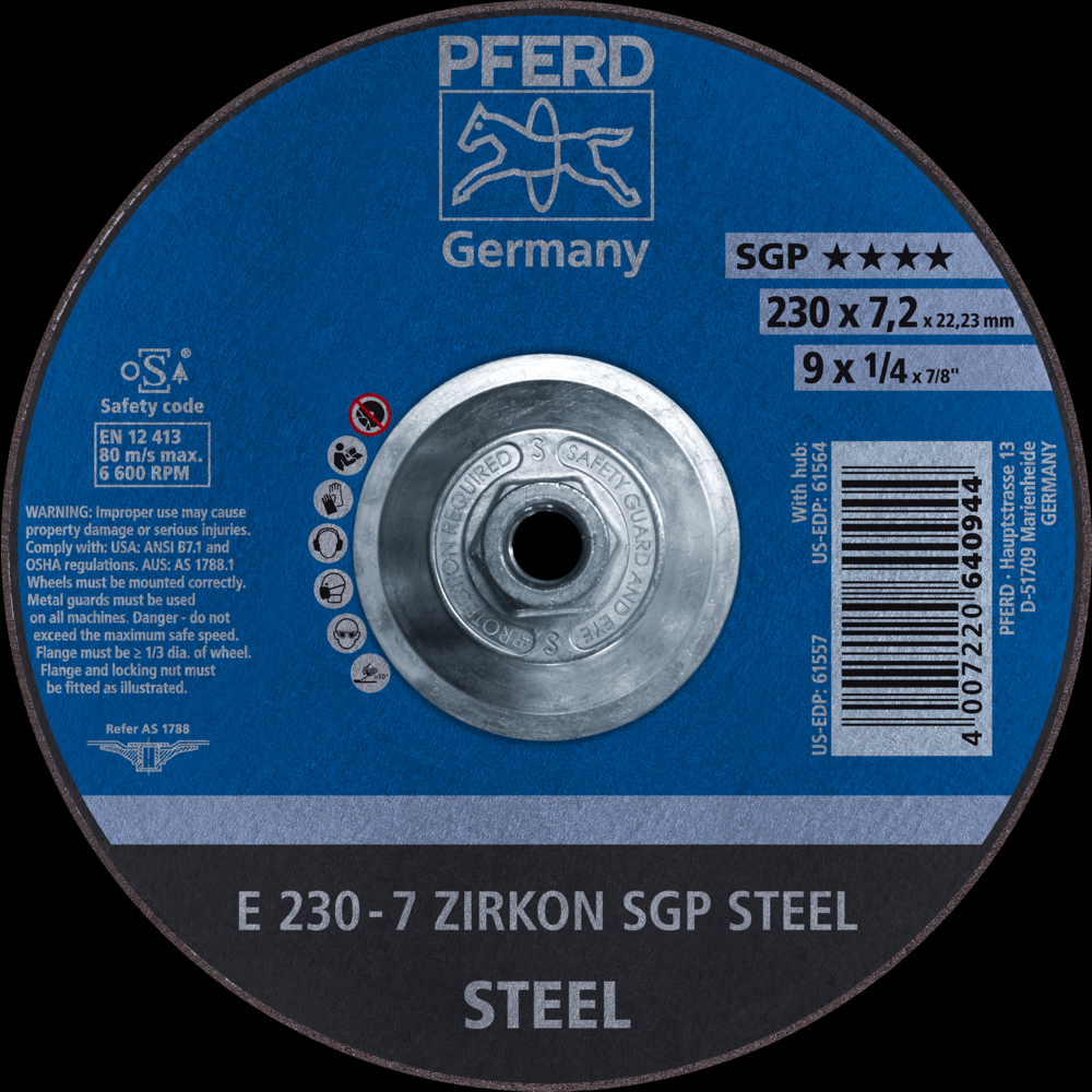 PFERD Grinding Wheel, 9&#34; x 1/4 x 5/8-11, SGP ZIRKON STEEL, T27, AO, SiC<span class=' ItemWarning' style='display:block;'>Item is usually in stock, but we&#39;ll be in touch if there&#39;s a problem<br /></span>