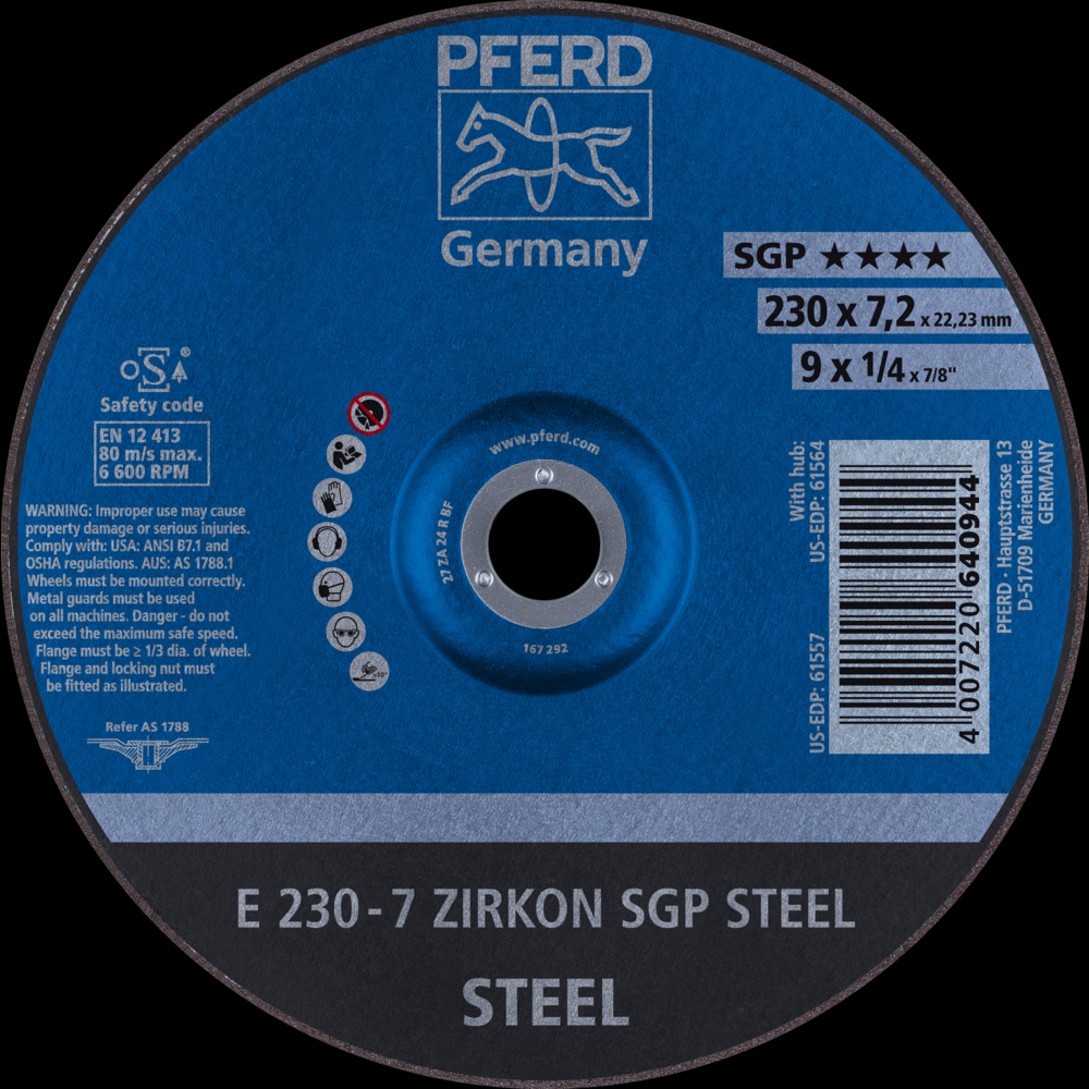 PFERD Grinding Wheel, 9&#34; x 1/4 x 7/8, SGP ZIRKON STEEL, T27, AO, SiC<span class=' ItemWarning' style='display:block;'>Item is usually in stock, but we&#39;ll be in touch if there&#39;s a problem<br /></span>