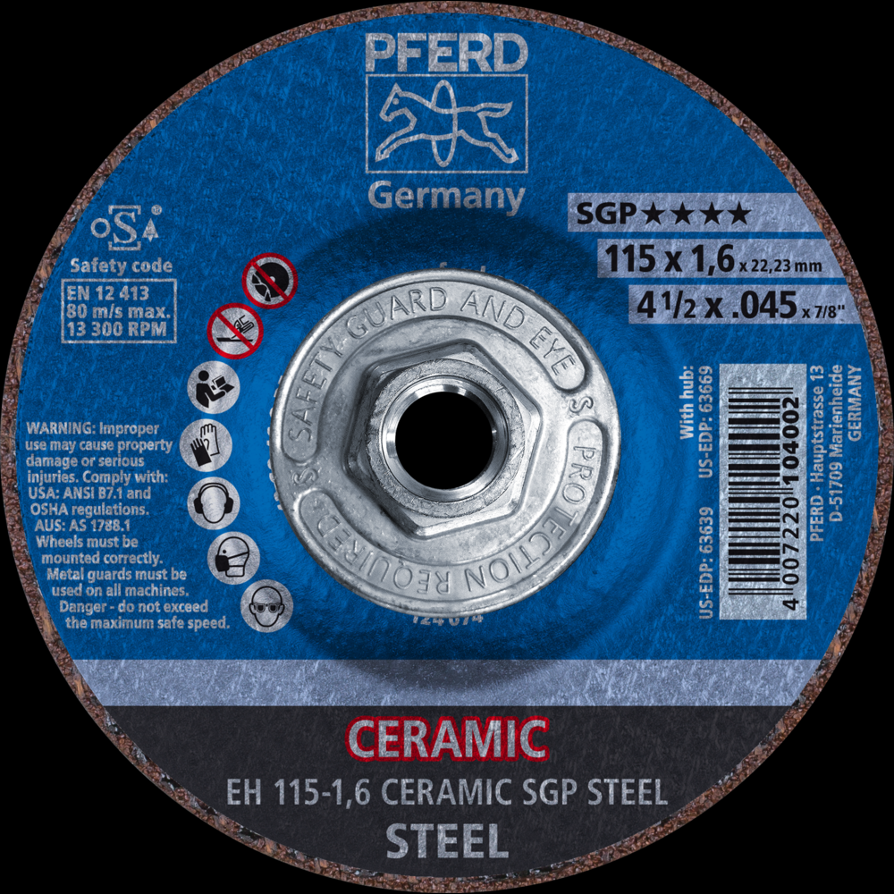 PFERD Cut-Off Wheel, 4-1/2&#34; x .045 x 5/8-11, CERAMIC SGP STEEL, T27, Ceramic oxide<span class=' ItemWarning' style='display:block;'>Item is usually in stock, but we&#39;ll be in touch if there&#39;s a problem<br /></span>