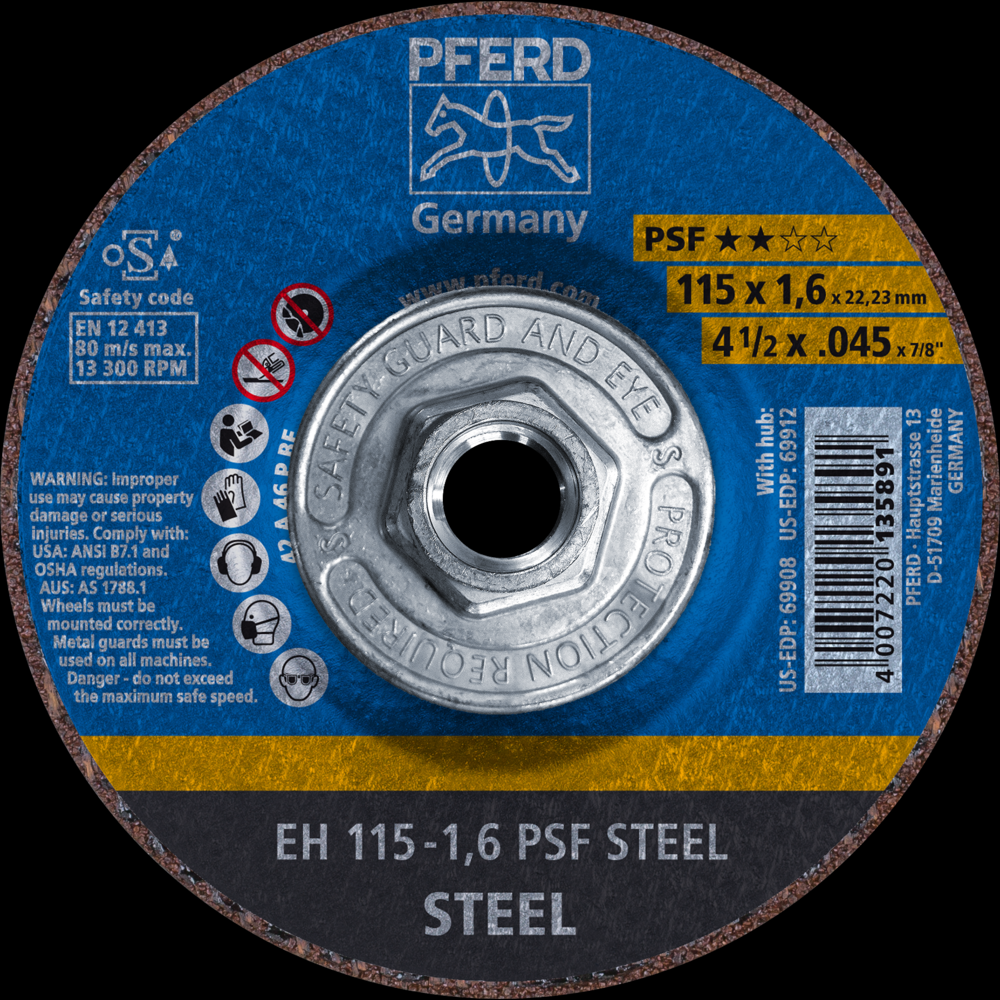 PFERD Cut-Off Wheel, 4-1/2&#34; x .045 x 5/8-11, PSF STEEL, T27, Aluminum oxide<span class=' ItemWarning' style='display:block;'>Item is usually in stock, but we&#39;ll be in touch if there&#39;s a problem<br /></span>