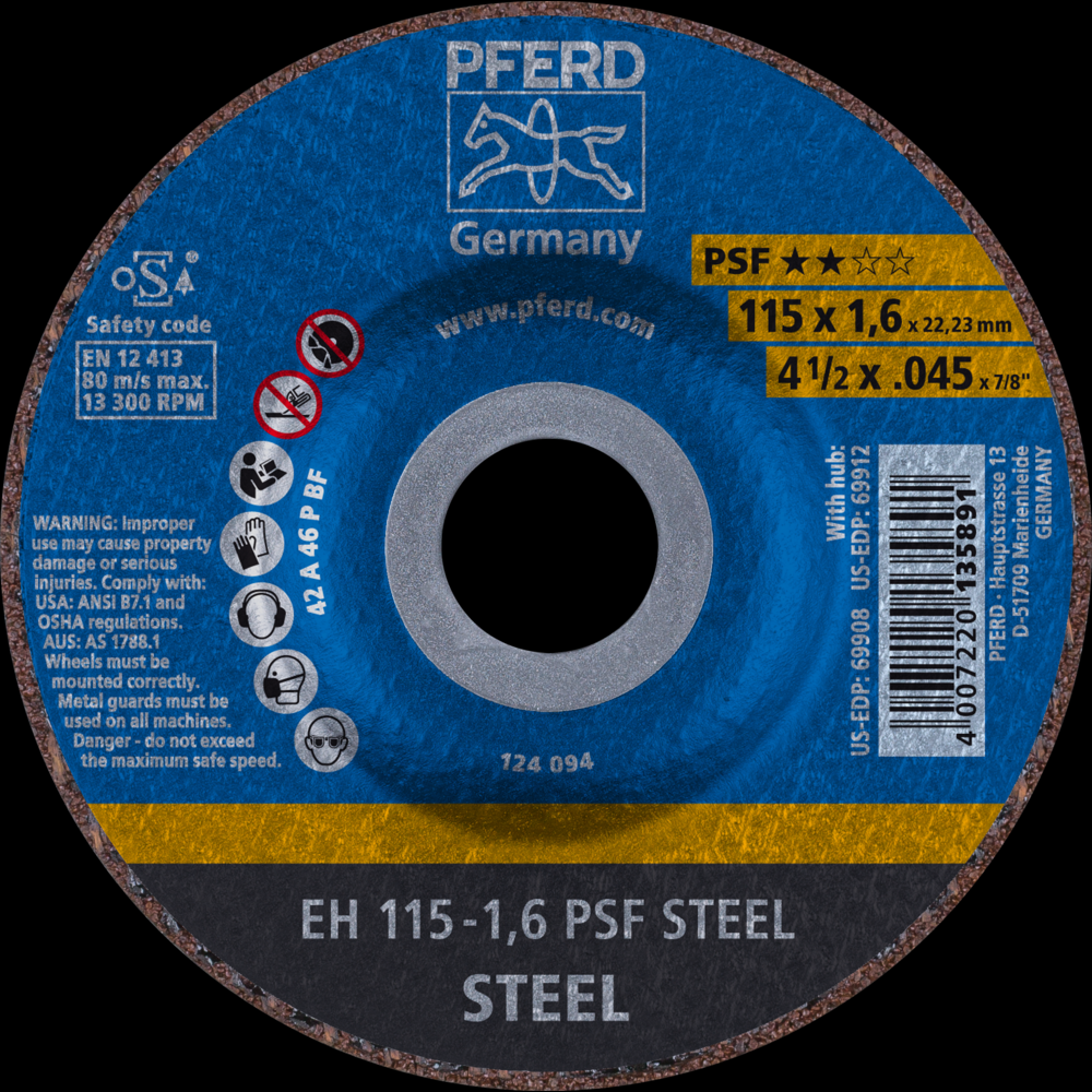 PFERD Cut-Off Wheel, 4-1/2&#34; x .045 x 7/8, PSF STEEL, T27, Aluminum oxide<span class=' ItemWarning' style='display:block;'>Item is usually in stock, but we&#39;ll be in touch if there&#39;s a problem<br /></span>