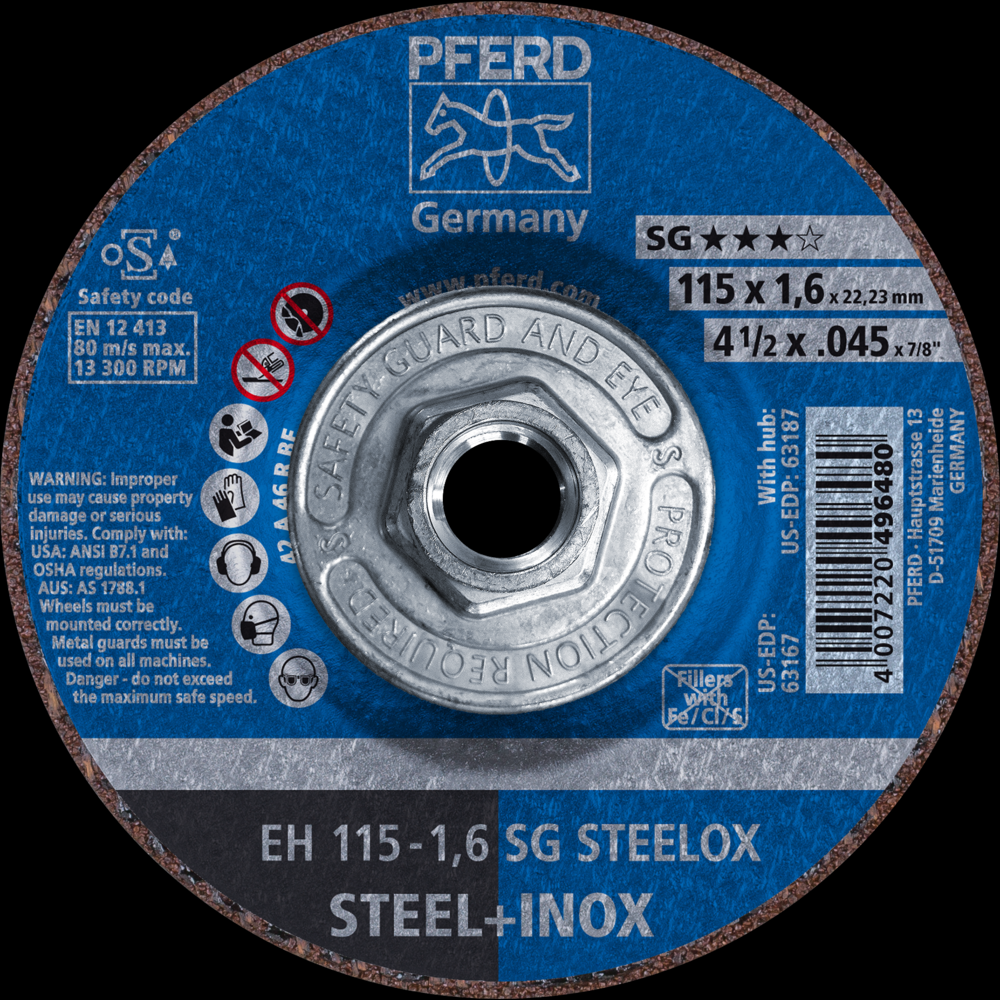 PFERD Cut-Off Wheel, 4-1/2&#34; x .045 x 5/8-11, SG STEELOX, T27, Aluminum oxide<span class=' ItemWarning' style='display:block;'>Item is usually in stock, but we&#39;ll be in touch if there&#39;s a problem<br /></span>