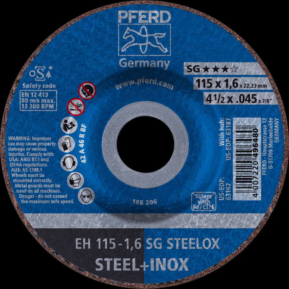 PFERD Cut-Off Wheel, 4-1/2&#34; x .045 x 7/8, SG STEELOX, T27, Aluminum oxide<span class=' ItemWarning' style='display:block;'>Item is usually in stock, but we&#39;ll be in touch if there&#39;s a problem<br /></span>