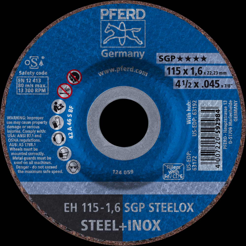 PFERD Cut-Off Wheel, 4-1/2&#34; x .045 x 7/8, SGP STEELOX, T27, Aluminum oxide<span class=' ItemWarning' style='display:block;'>Item is usually in stock, but we&#39;ll be in touch if there&#39;s a problem<br /></span>