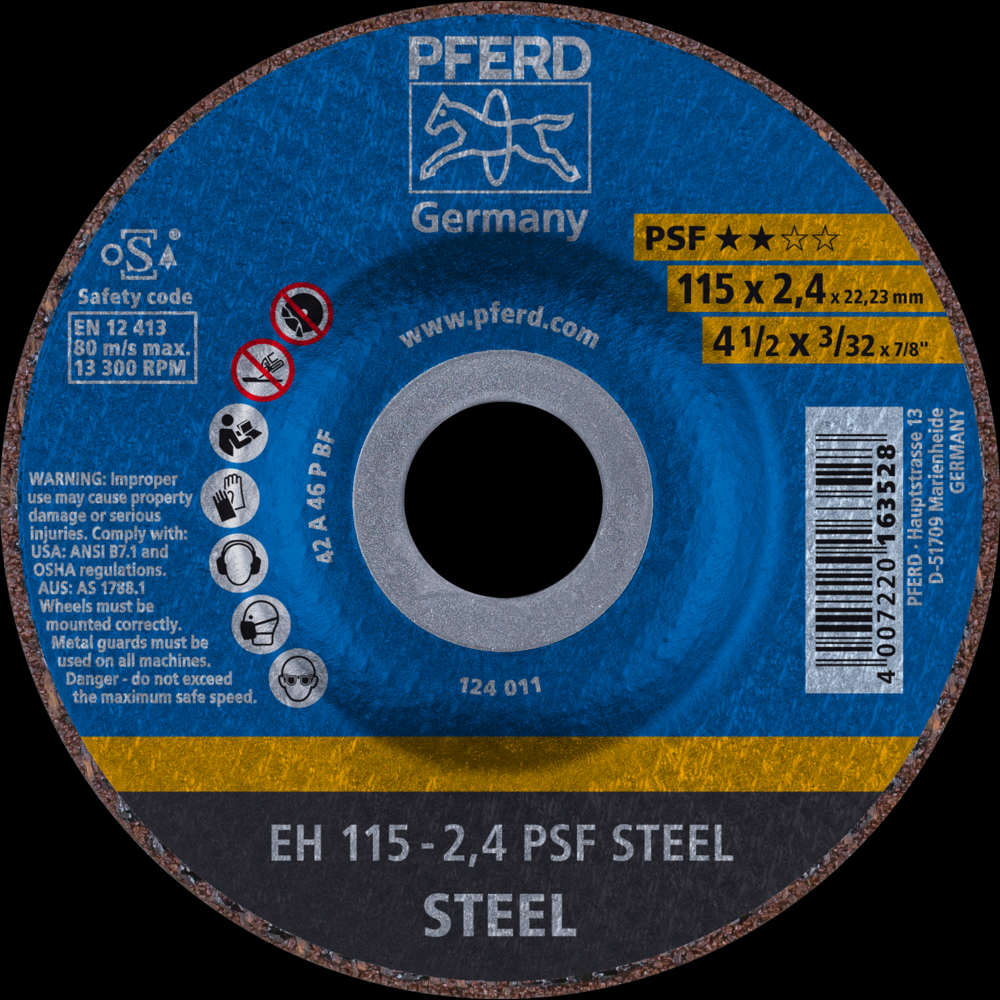 PFERD Cut-Off Wheel, 4-1/2&#34; x 3/32 x 7/8, PSF STEEL, T27, Aluminum oxide<span class=' ItemWarning' style='display:block;'>Item is usually in stock, but we&#39;ll be in touch if there&#39;s a problem<br /></span>