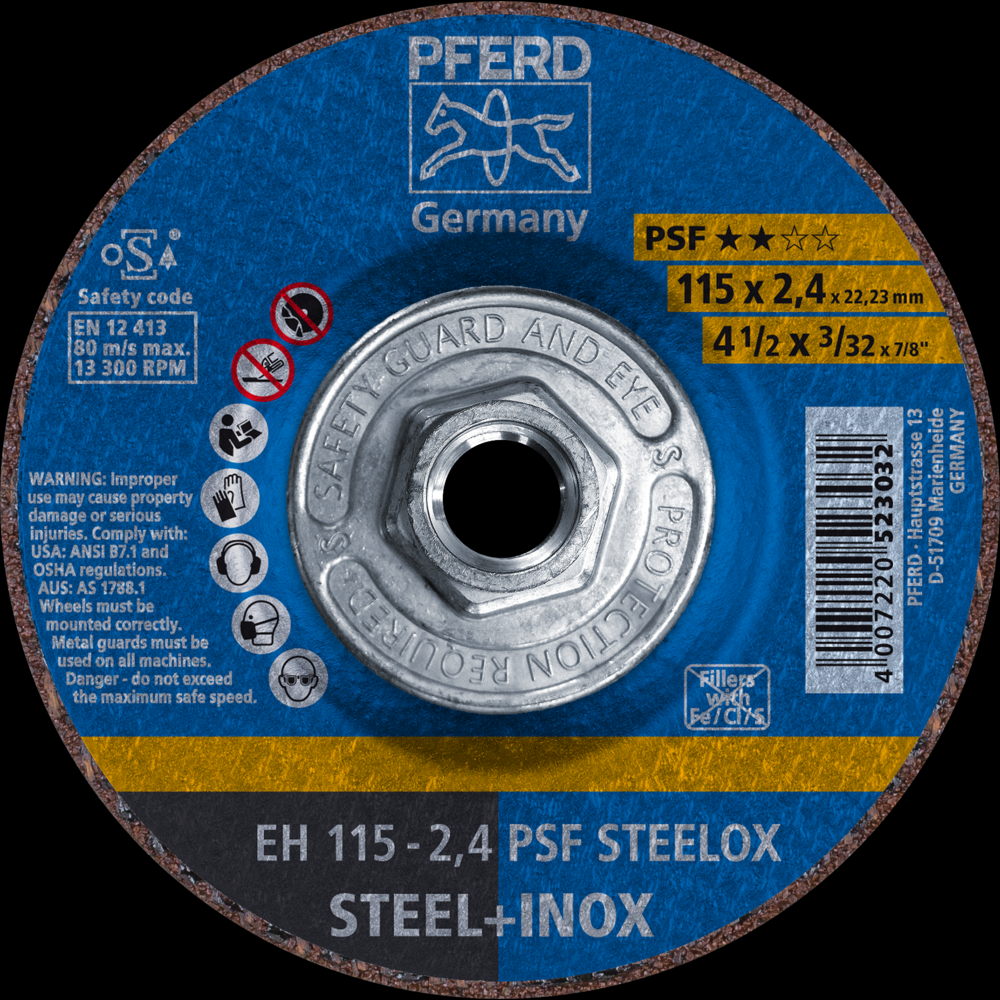 PFERD Cut-Off Wheel, 4-1/2&#34; x 3/32 x 5/8-11, PSF STEELOX, T27, Aluminum oxide<span class=' ItemWarning' style='display:block;'>Item is usually in stock, but we&#39;ll be in touch if there&#39;s a problem<br /></span>