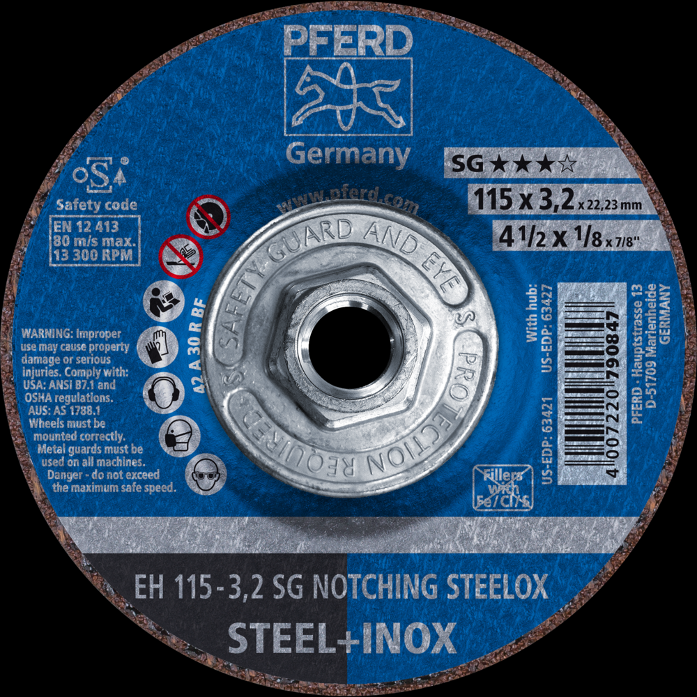 PFERD Grinding Wheel, 4-1/2&#34; x 1/8 x 5/8-11, SG NOTCHING STEELOX, T27, Aluminum oxide<span class=' ItemWarning' style='display:block;'>Item is usually in stock, but we&#39;ll be in touch if there&#39;s a problem<br /></span>