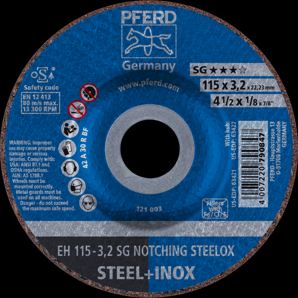 PFERD Grinding Wheel, 4-1/2&#34; x 1/8 x 7/8, SG NOTCHING STEELOX, T27, Aluminum oxide<span class=' ItemWarning' style='display:block;'>Item is usually in stock, but we&#39;ll be in touch if there&#39;s a problem<br /></span>