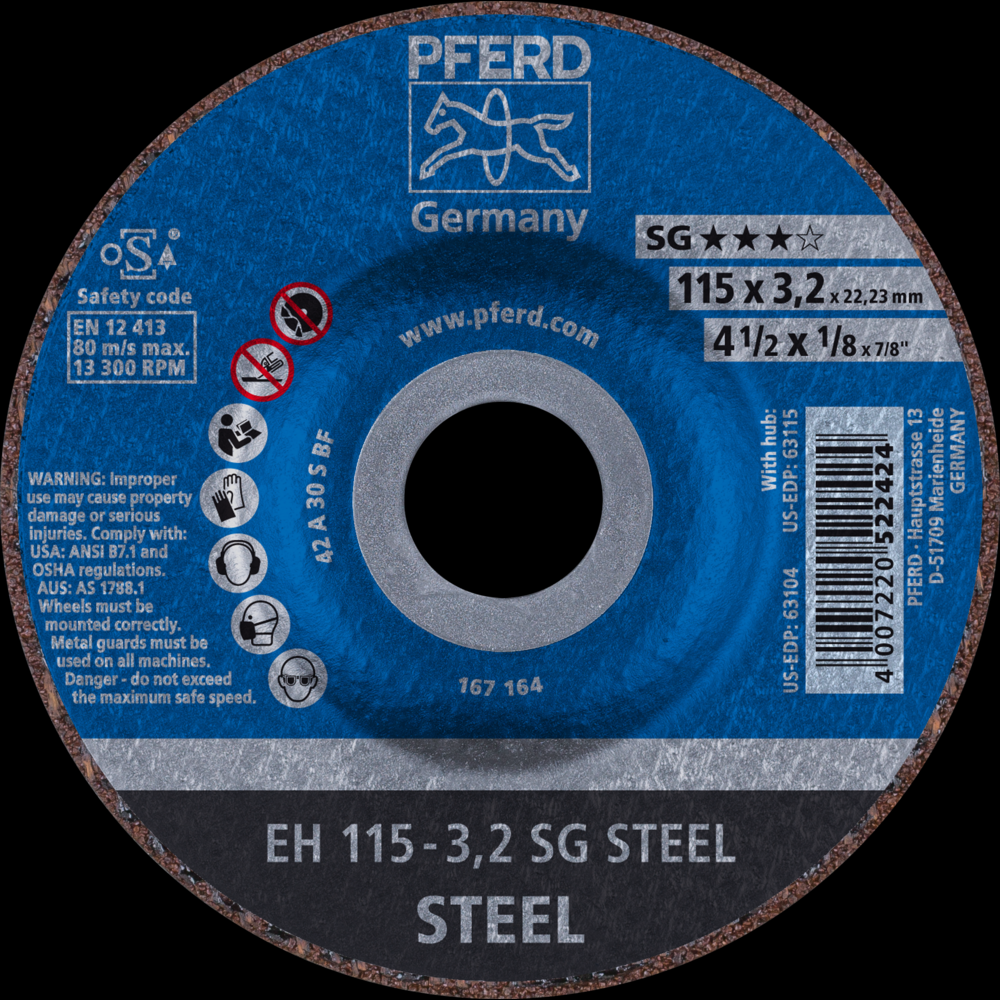 PFERD Cut-Off Wheel, 4-1/2&#34; x 1/8 x 7/8, SG STEEL, T27, Aluminum oxide<span class=' ItemWarning' style='display:block;'>Item is usually in stock, but we&#39;ll be in touch if there&#39;s a problem<br /></span>