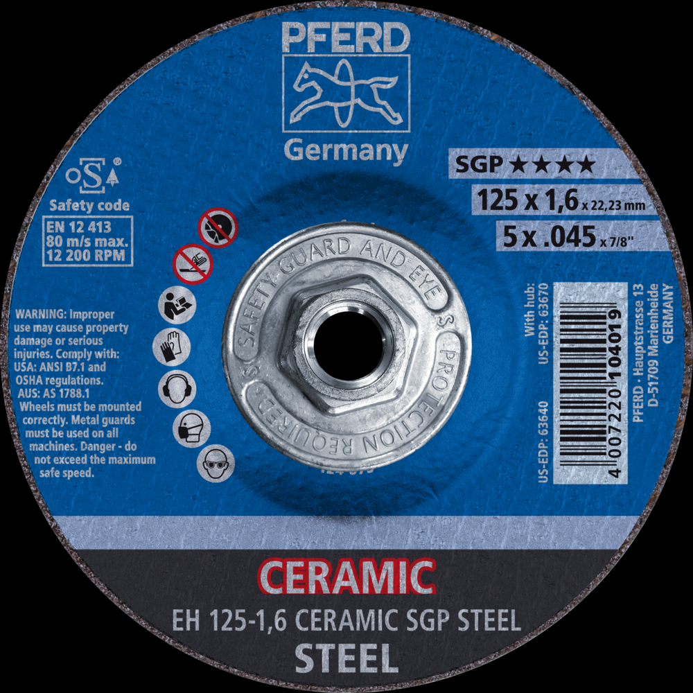 PFERD Cut-Off Wheel, 5&#34; x .045 x 5/8-11, CERAMIC SGP STEEL, T27, Ceramic oxide<span class=' ItemWarning' style='display:block;'>Item is usually in stock, but we&#39;ll be in touch if there&#39;s a problem<br /></span>