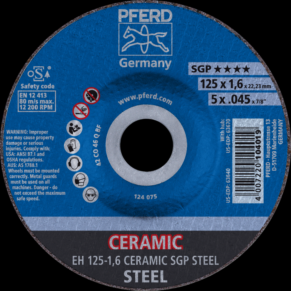 PFERD Cut-Off Wheel, 5&#34; x .045 x 7/8, CERAMIC SGP STEEL, T27, Ceramic oxide<span class=' ItemWarning' style='display:block;'>Item is usually in stock, but we&#39;ll be in touch if there&#39;s a problem<br /></span>