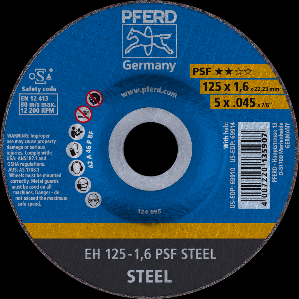 PFERD Cut-Off Wheel, 5&#34; x .045 x 7/8, PSF STEEL, T27, Aluminum oxide<span class=' ItemWarning' style='display:block;'>Item is usually in stock, but we&#39;ll be in touch if there&#39;s a problem<br /></span>